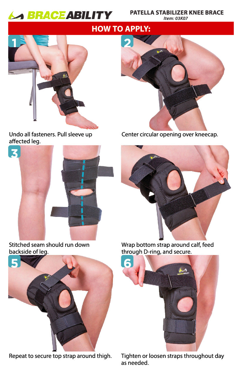 instruction sheet for how to put on the patella stabilizer knee brace