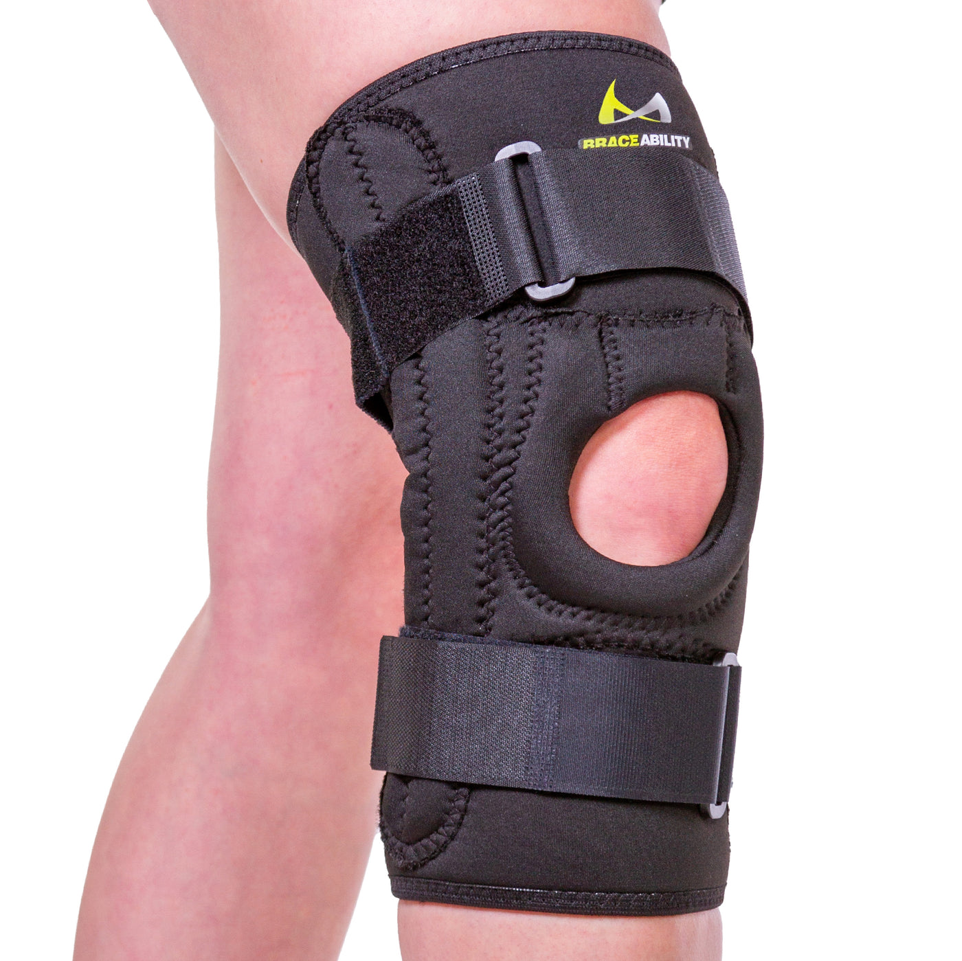 The BraceAbility U-shaped patella stabilizing knee brace is designed to prevent patella tracking