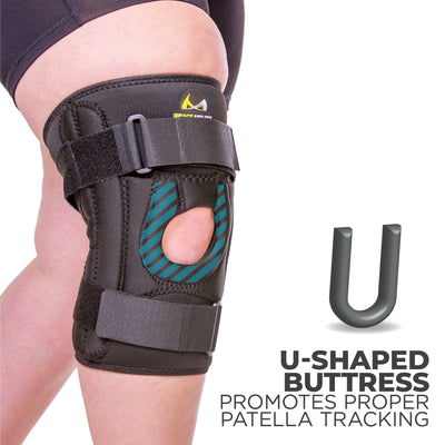 The chondromalacia knee brace has a u-shaped buttress that promotes proper patella tracking