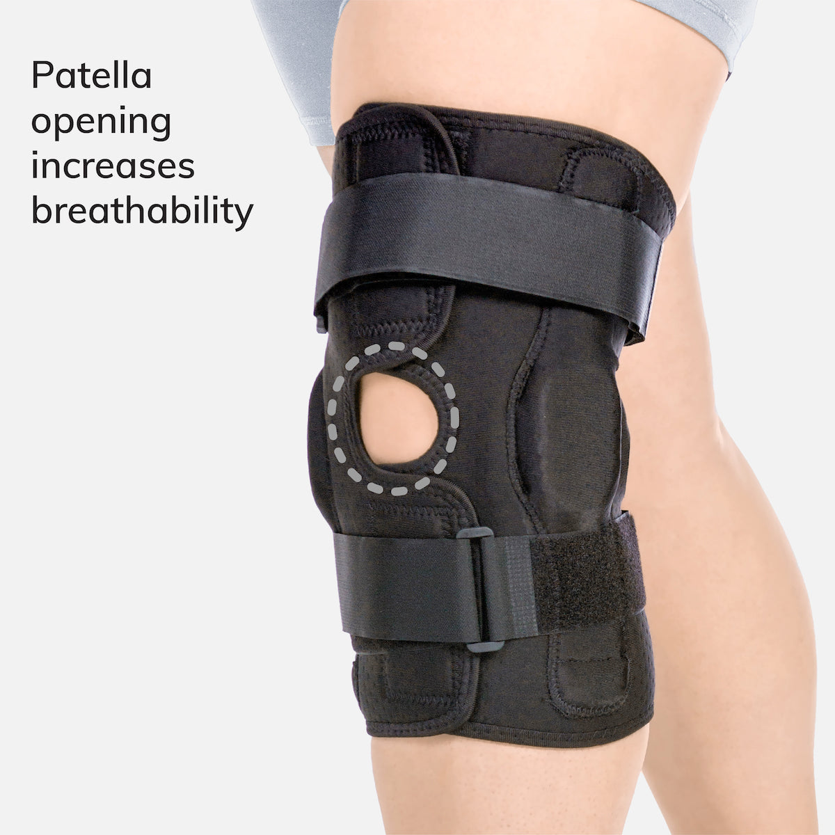 The torn meniscus knee brace has a patella opening for increased kneecap stability