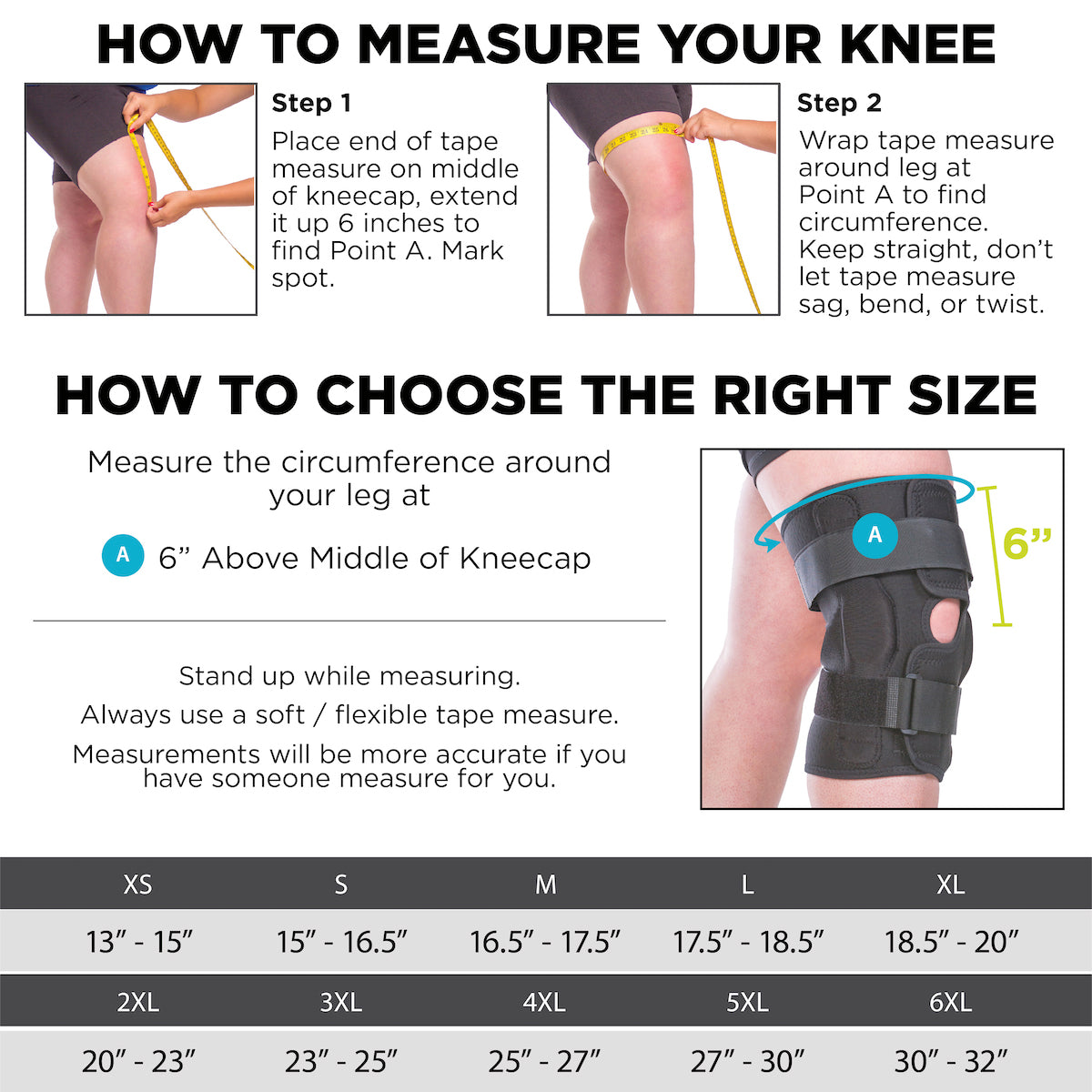 Sizing chart for meniscus knee brace. Available in sizes XS-6XL.