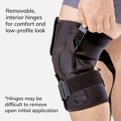 Range-of-motion hinges with aluminum uprights that enable the knee brace to prevent hyperextension