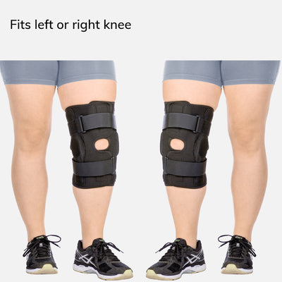 Black hinged knee brace comes with a contoured condyle shell and suede hinge cover