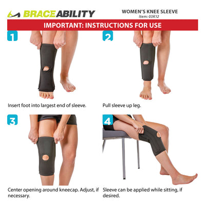 Application for the womens knee sleeve is easy, simply slide it over your foot and position cutout over knee as shown on the instruction sheet