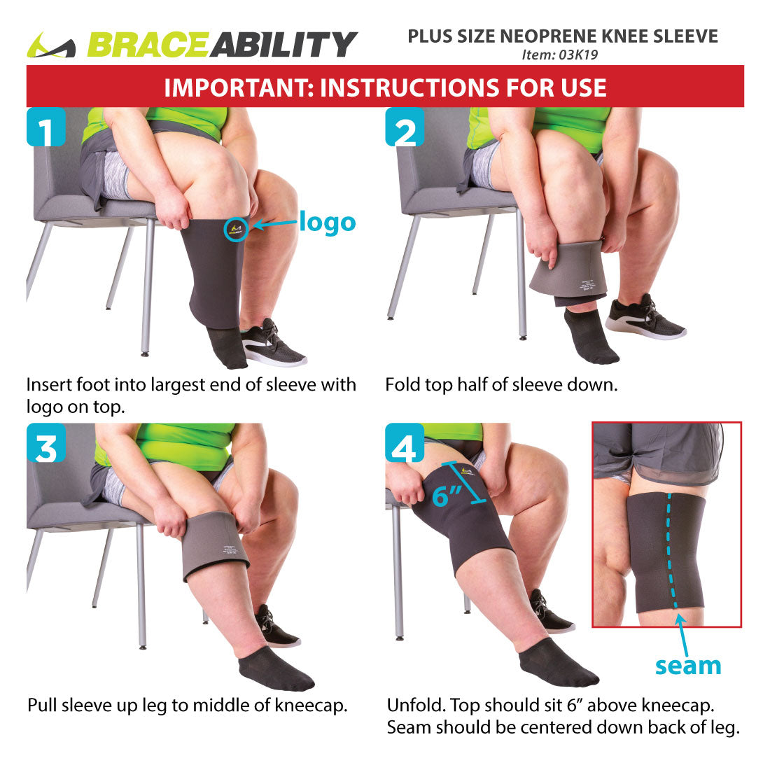 How to put on the neoprene compression knee sleeve instruction sheet