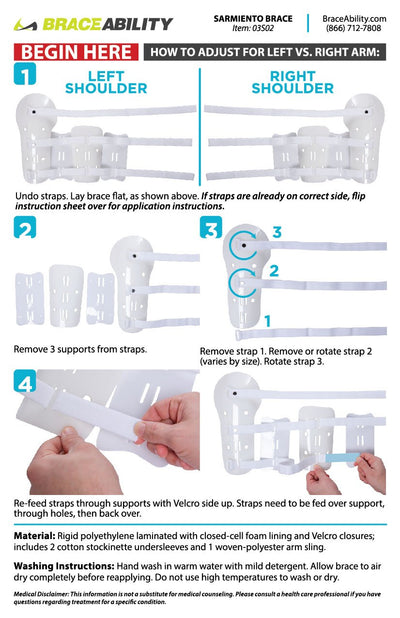 instruction sheet for how to adjust the sarmiento brace for left or right shoulder