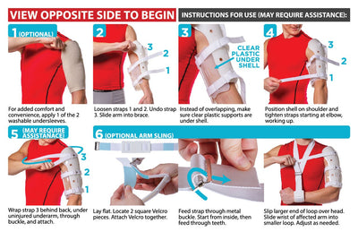 instruction sheet for how to put on the BraceAbility Sarmiento Brace