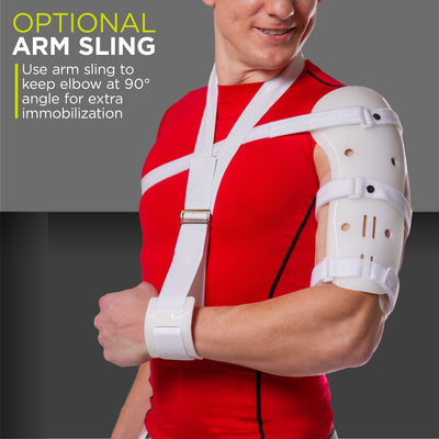 The fractured humerus sling works in addition to the humerus splint to stabilize a broken upper arm