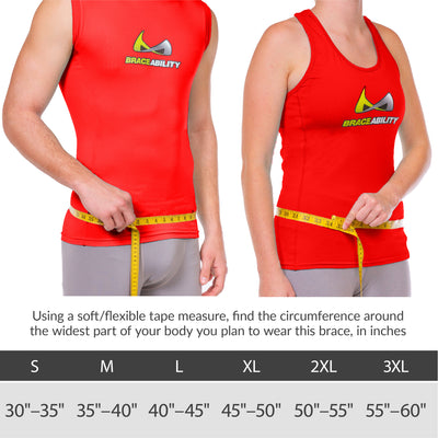 Sizing chart back support for golf or tennis. Available in sizes S-3XL.