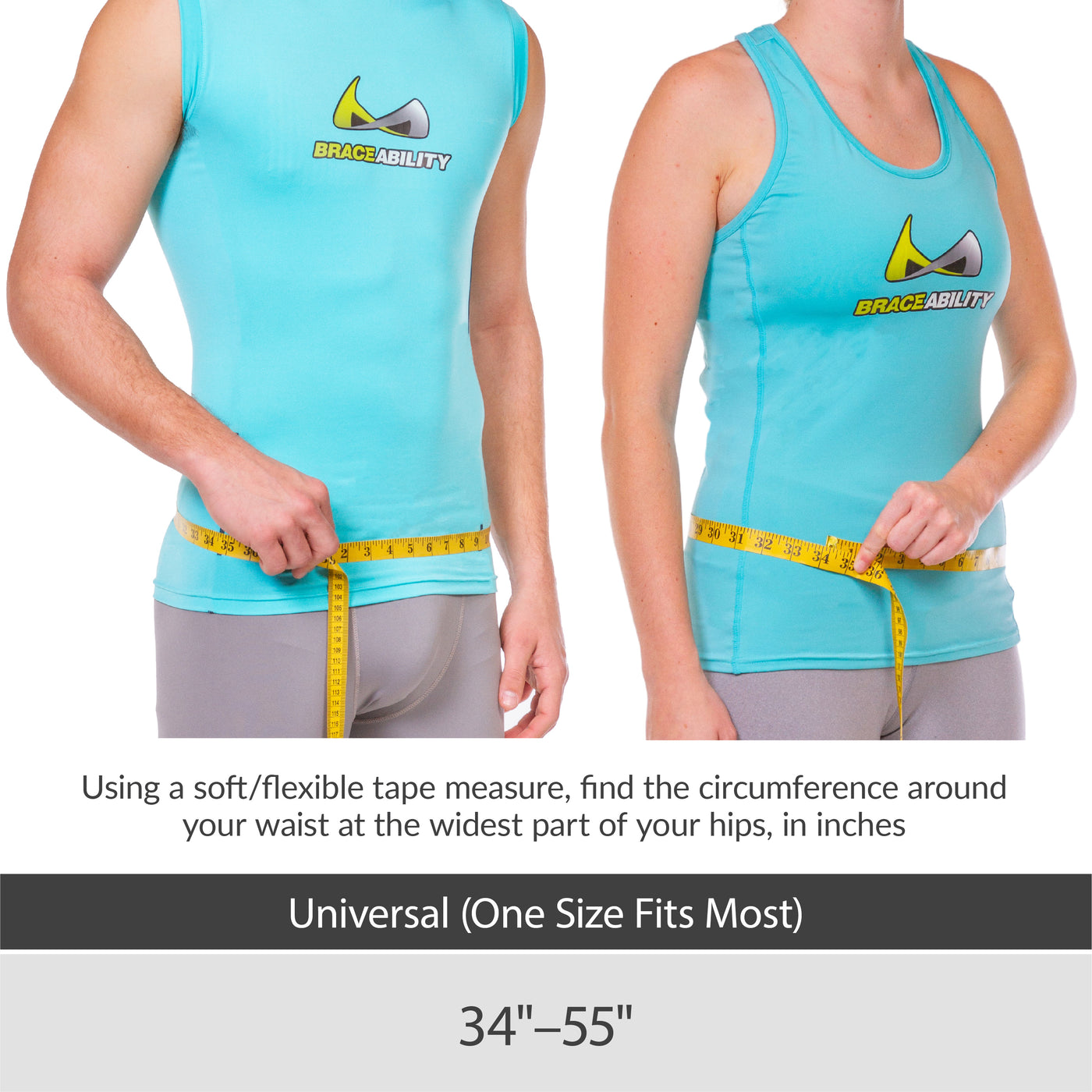 Sizing chart for universal sacroiliac joint brace fits 32 to 50-inch hip circumferences