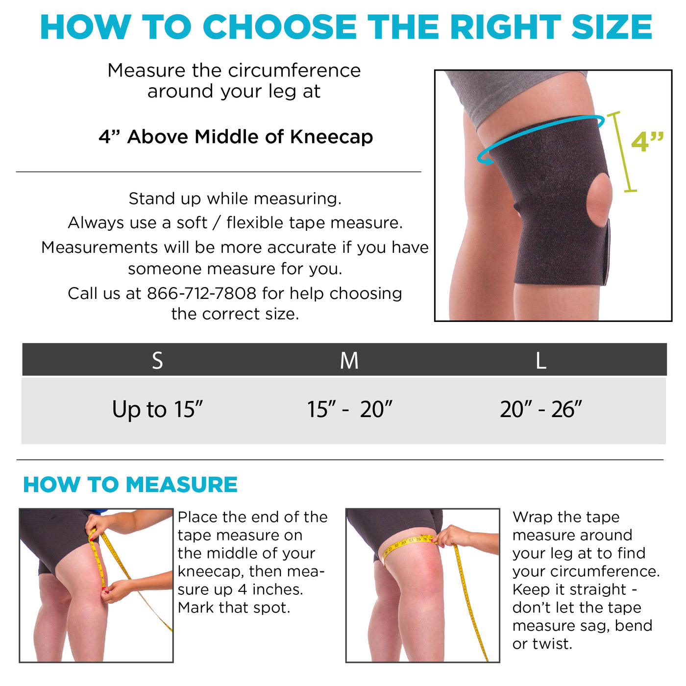 Sizing chart for athletic knee brace. Available in sizes S-L.