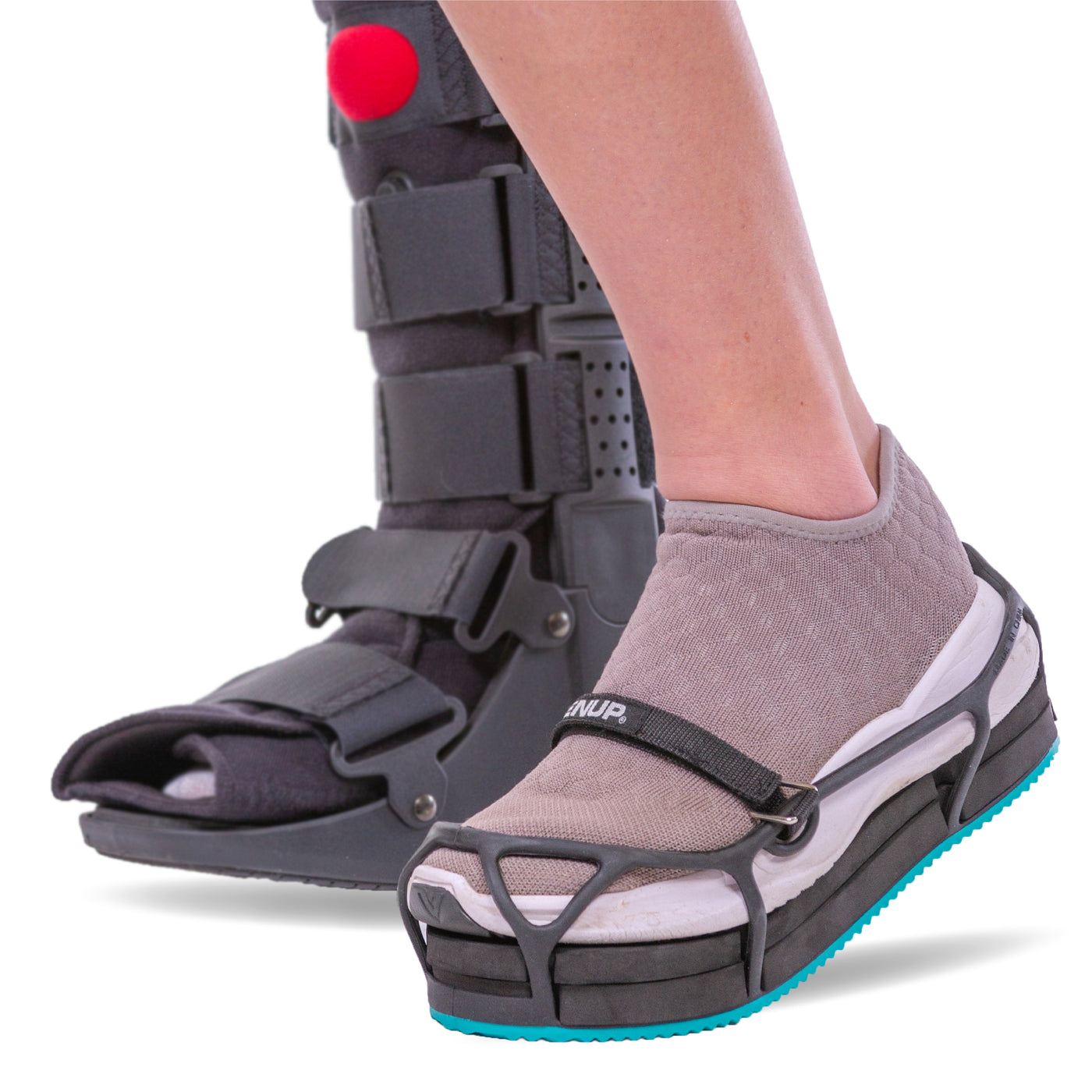 the EVENup shoe balancer keeps your hips level while wearing a walking boot