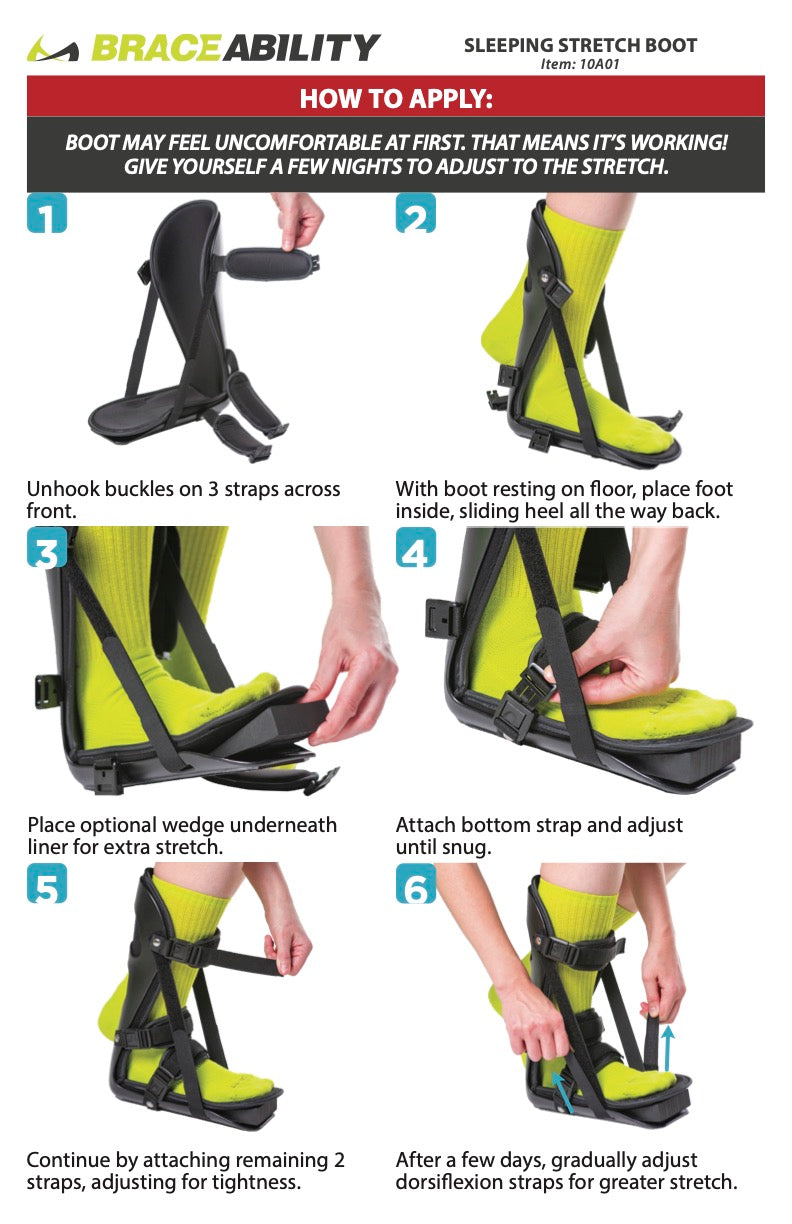 the instruction sheet for the plantar fasciitis night splint is a simple three buckle application
