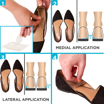 to put on the medial and lateral heel wedge inserts simply place them in the shoes