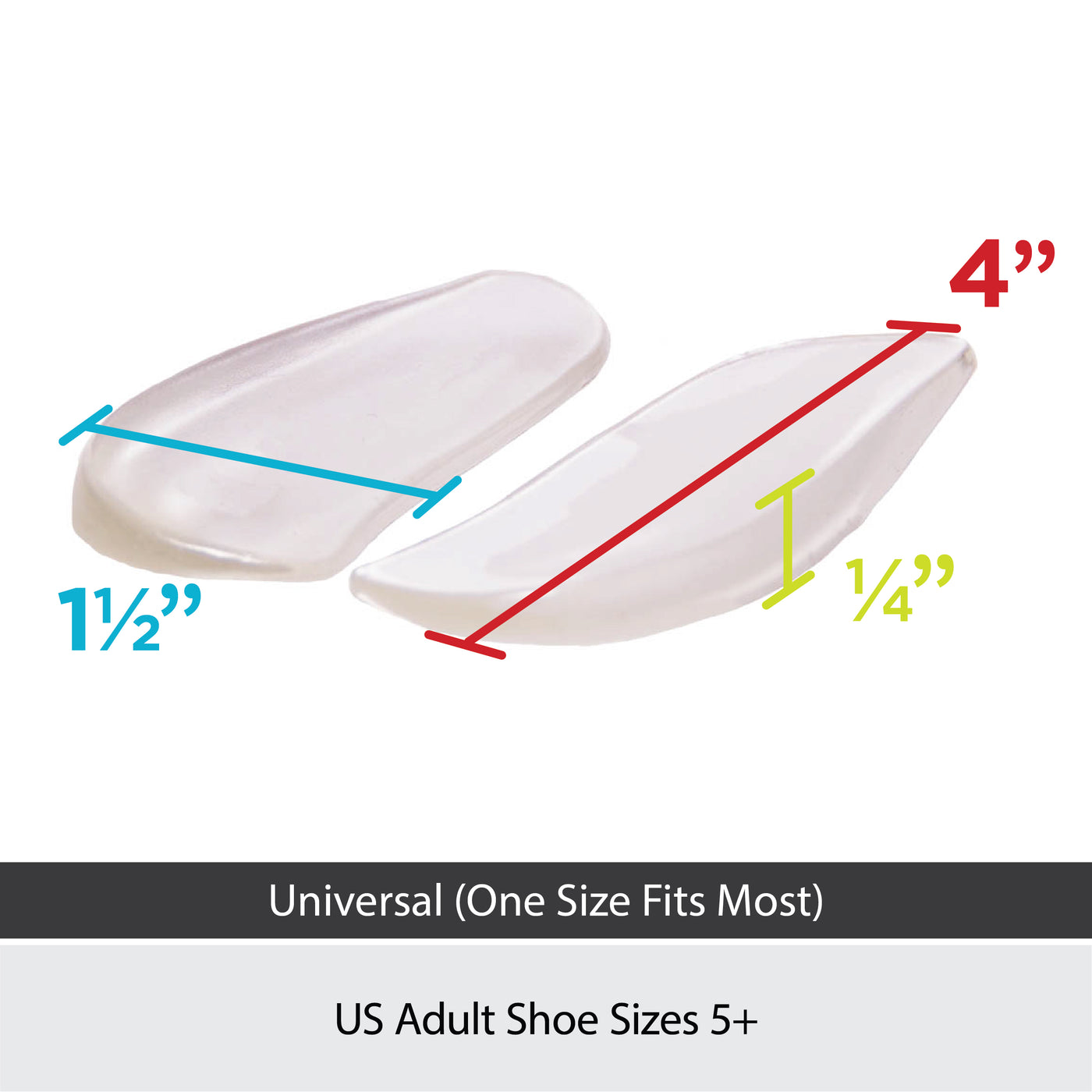 the braceability medial and lateral shoe wedges are 4 inches long and 1.5 inches wide