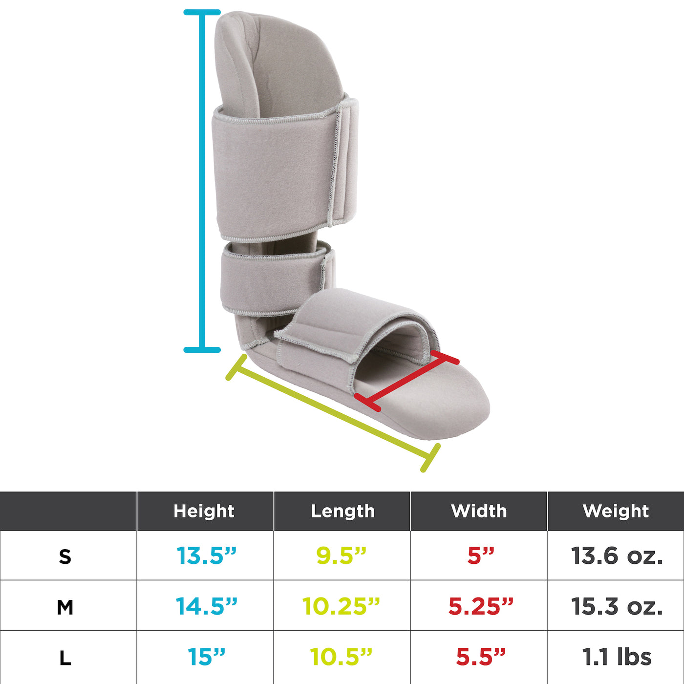 Chart showing the height, length, and width of the boot by size