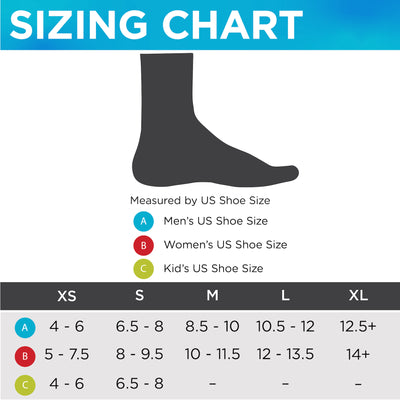 The sizing chart for the ankle brace comes in five sizes from XS-XL fitting up to mens shoe size 12.5+