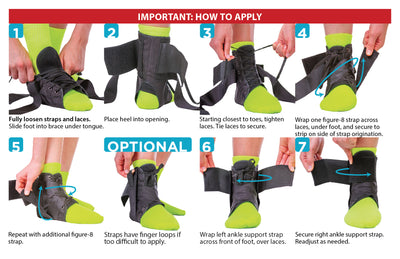 the instruction sheet for the kids lace up ankle brace is a simple lace up and wrap strap design
