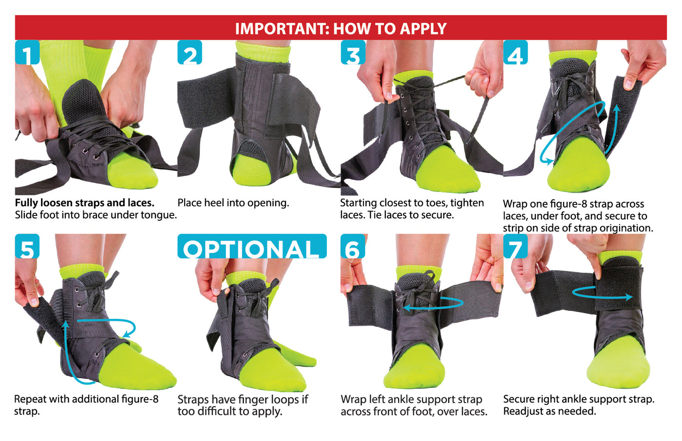 The instruction sheet for the lace up ankle brace is simple, slip the brace on, tie the laces, and wrap figure-8 straps