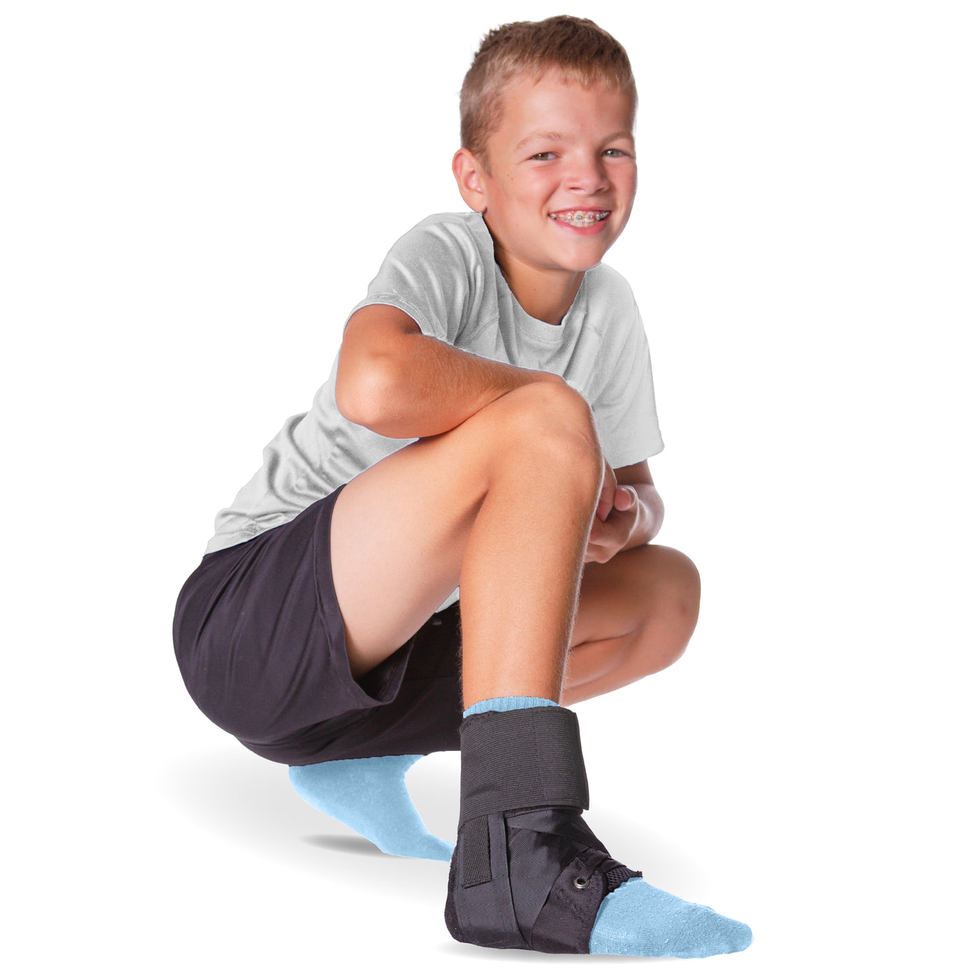 The BraceAbility lace up kids ankle brace comes in a black color with figure 8 straps