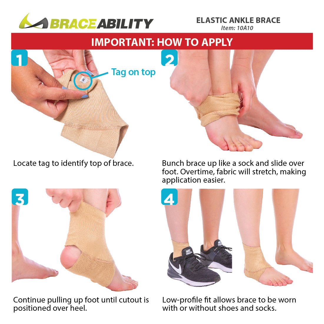 Instruction sheet for how to put on the elastic ankle brace for gymnastics