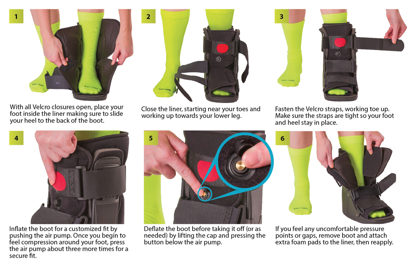 the instruction sheet for the air walking boot has three wraparound straps