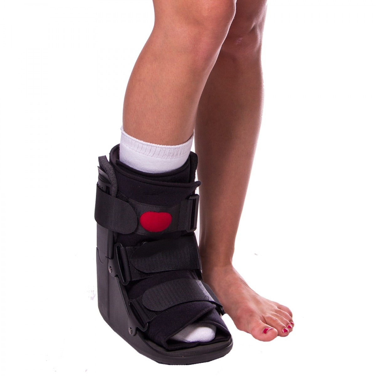 Wide footbed of this cam boot for broken foot care allows for swelling and bunion treatment