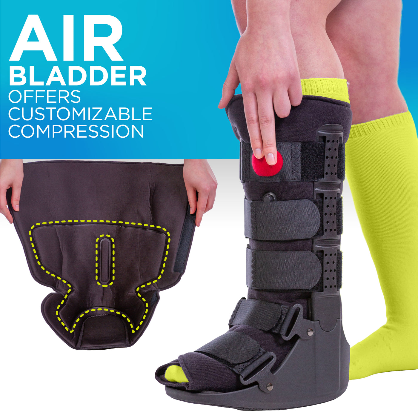Air bladder on the broken ankle boot applies custom compression to your foot