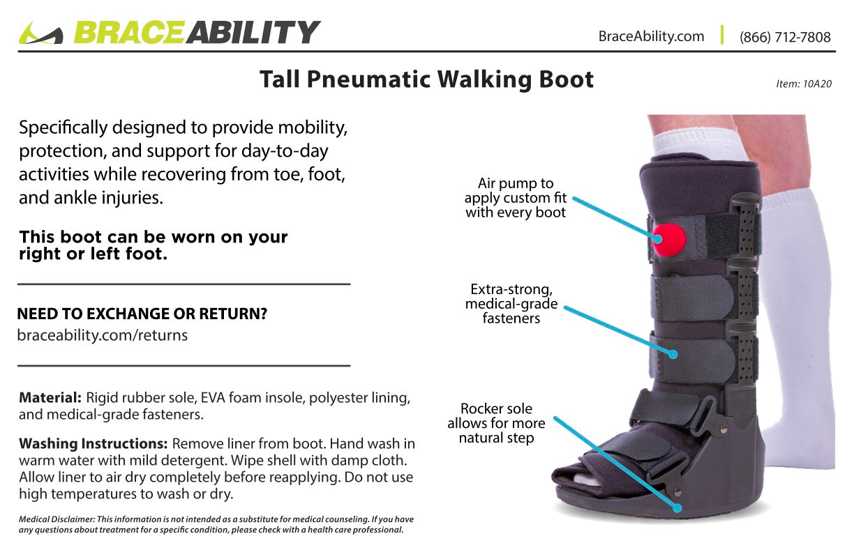 to clean the tall air walking boot, wipe the shell with a damp cloth and hand wash the lining with warm water and mild detergent