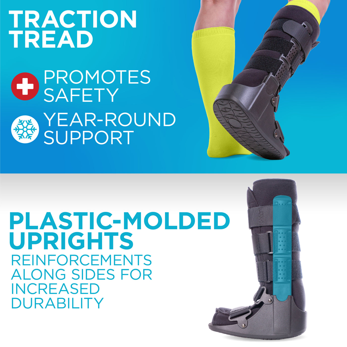 The pneumatic walking boot for a broken ankle has traction tread for year-round support