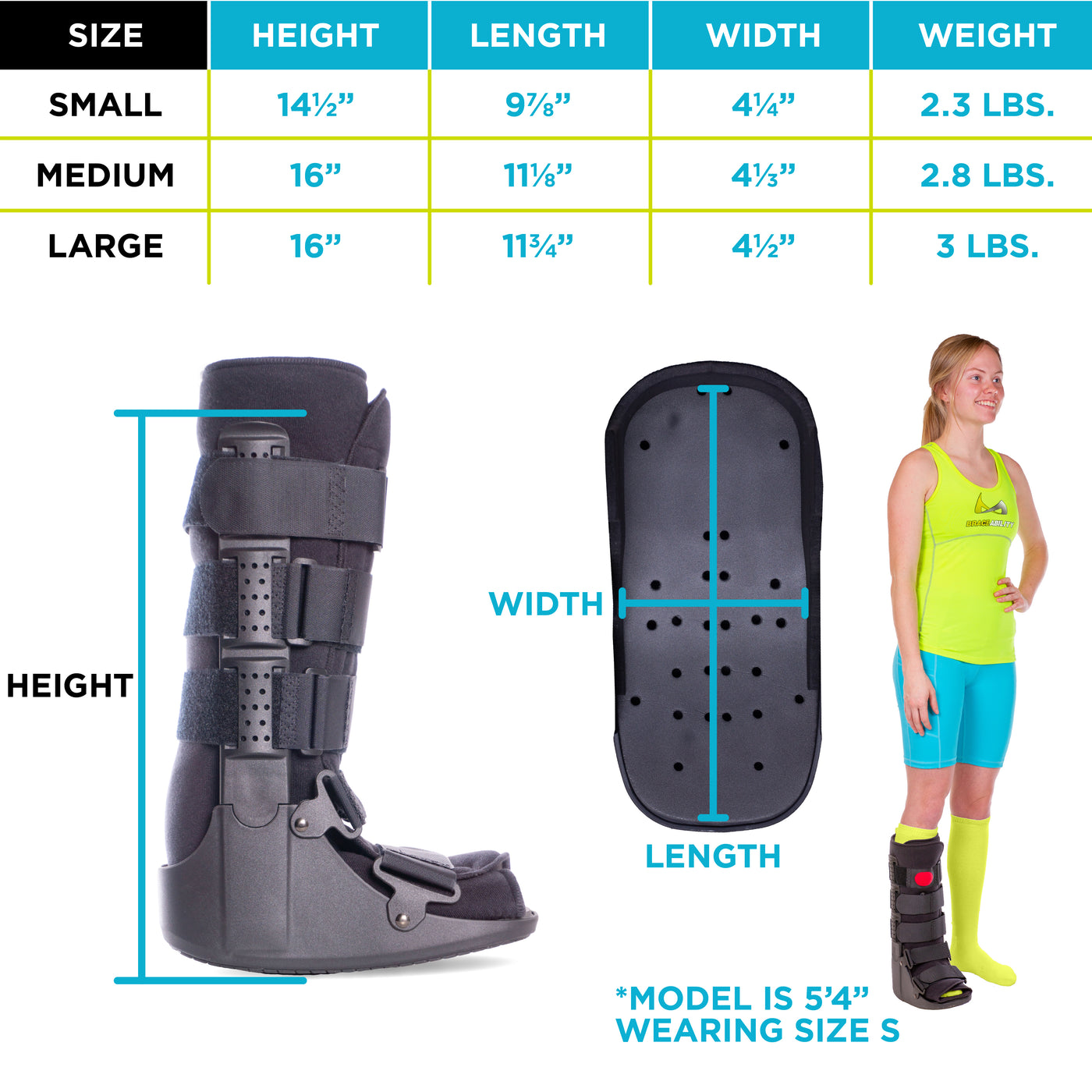 the tall cam walking boot comes in three sizes from small to extra large
