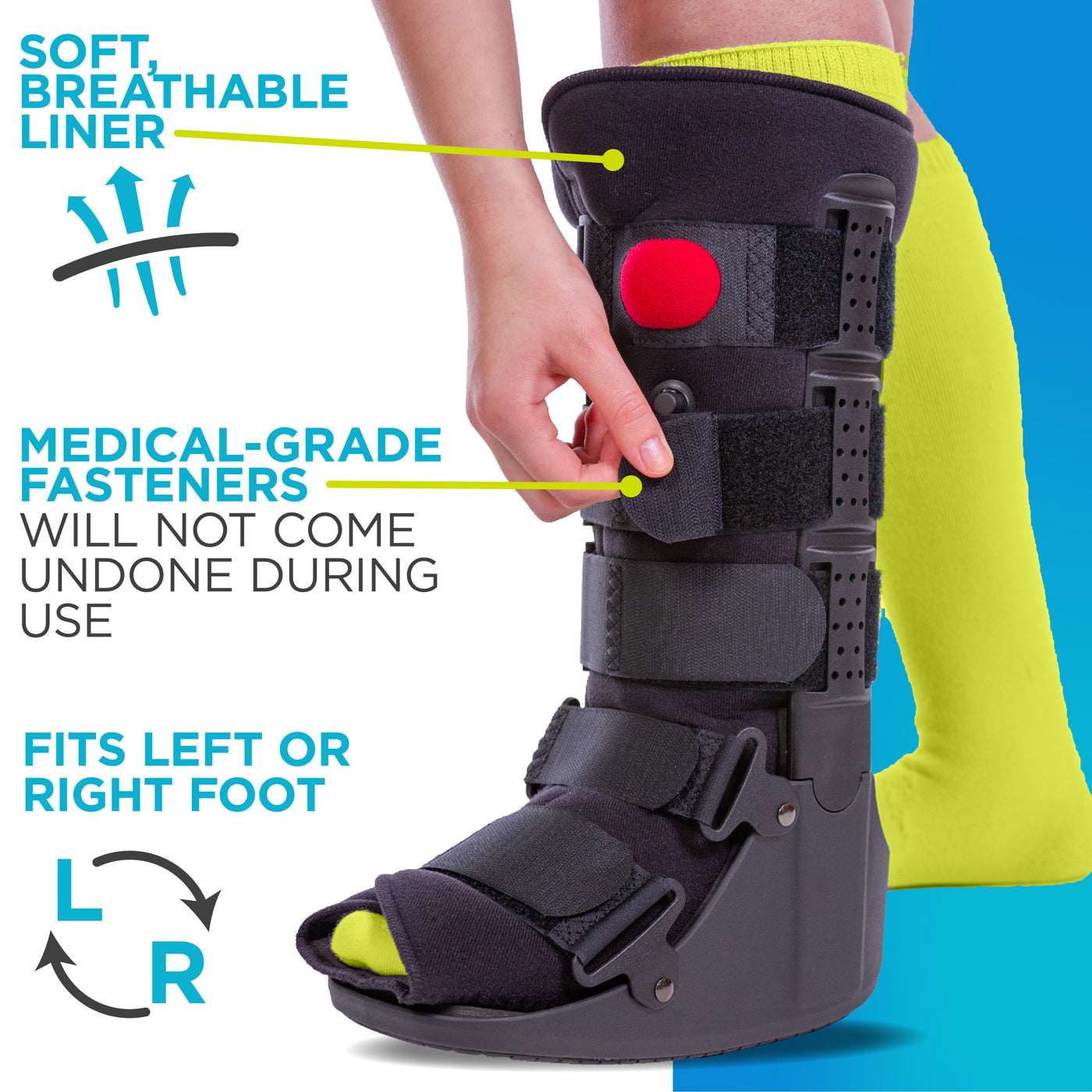 Our orthopedic cam air walker cast fits left or right ankle and has a breathable liner