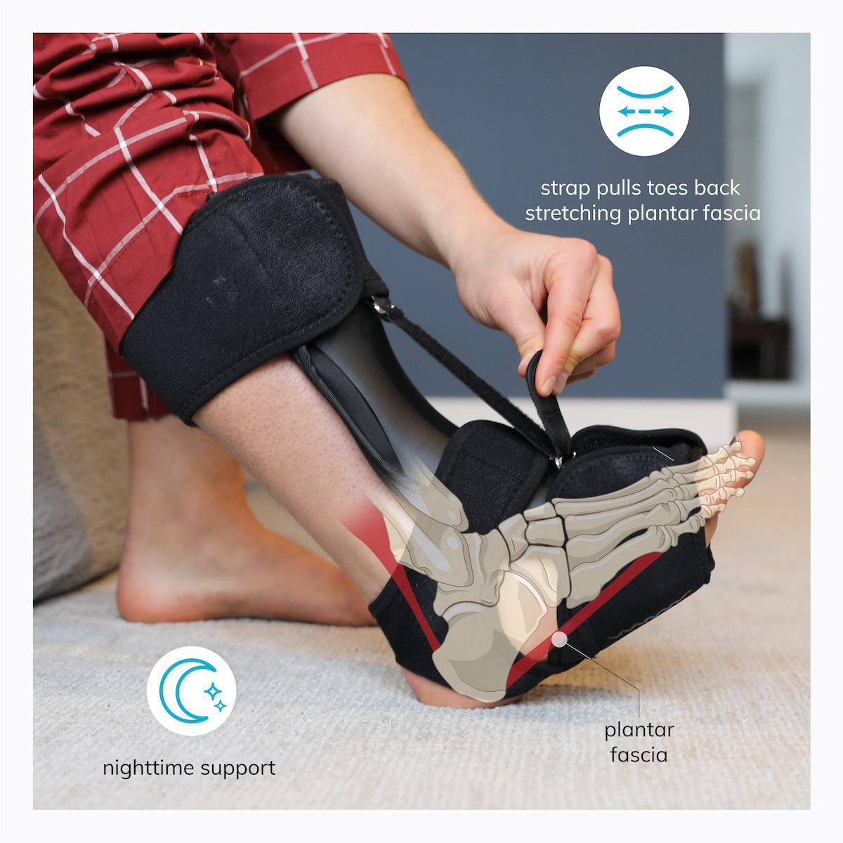 the dorsal night splint stretches the plantar fascia for nighttime heel pain relief