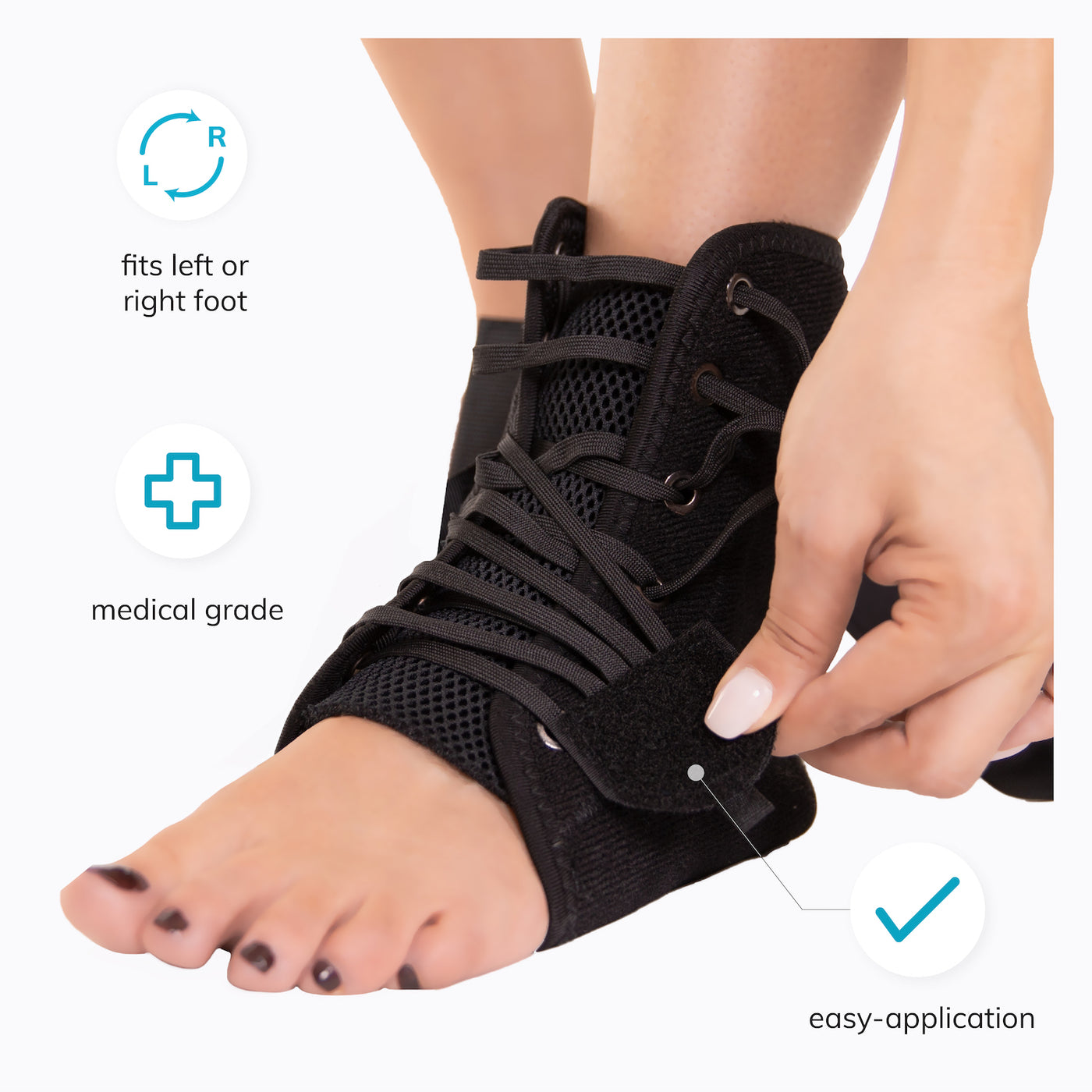 Our lace-up ankle brace has a speed lace cinching system making the ankle wrap quick to put on
