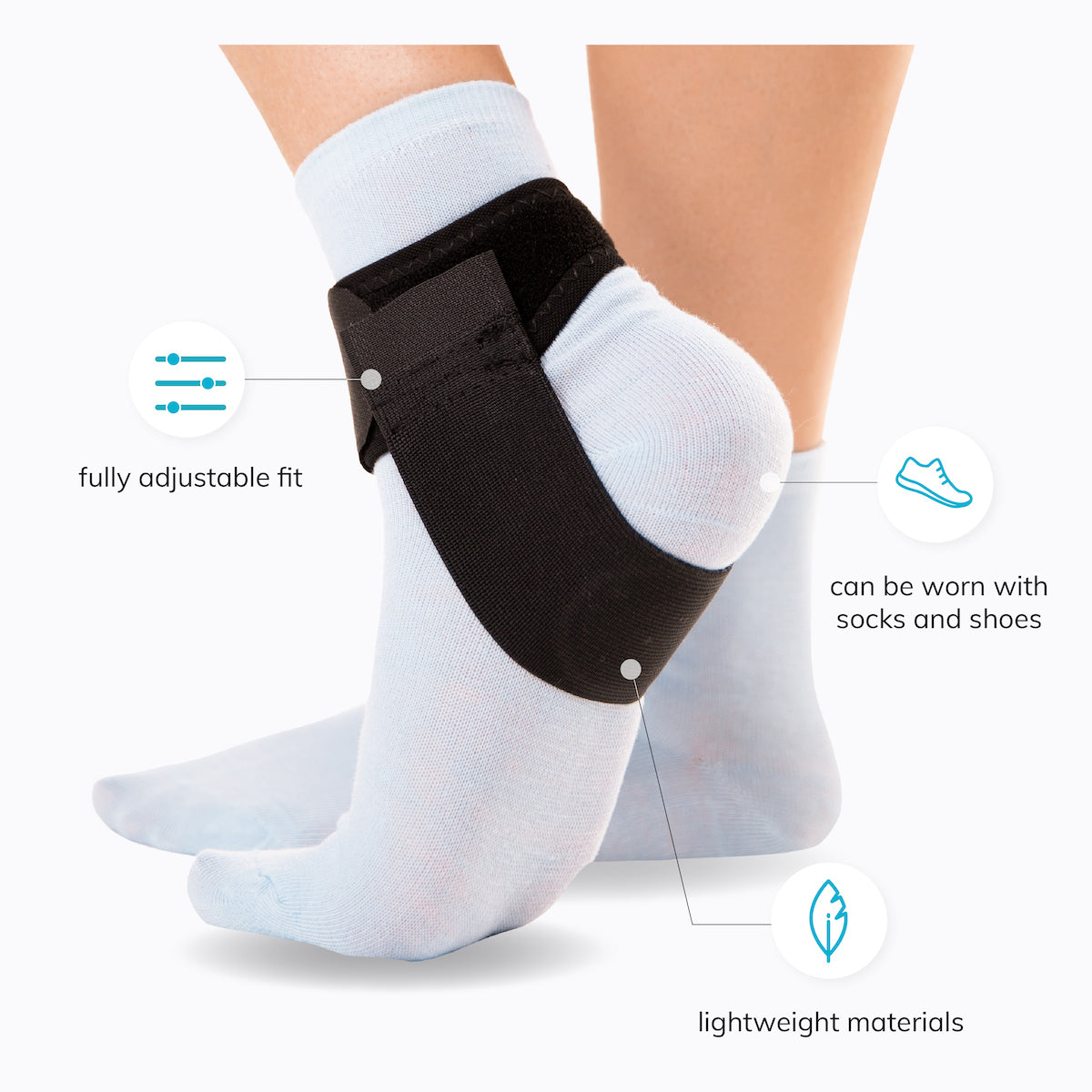 the achilles tendonitis treatment brace can be worn with socks or shoes for daytime support