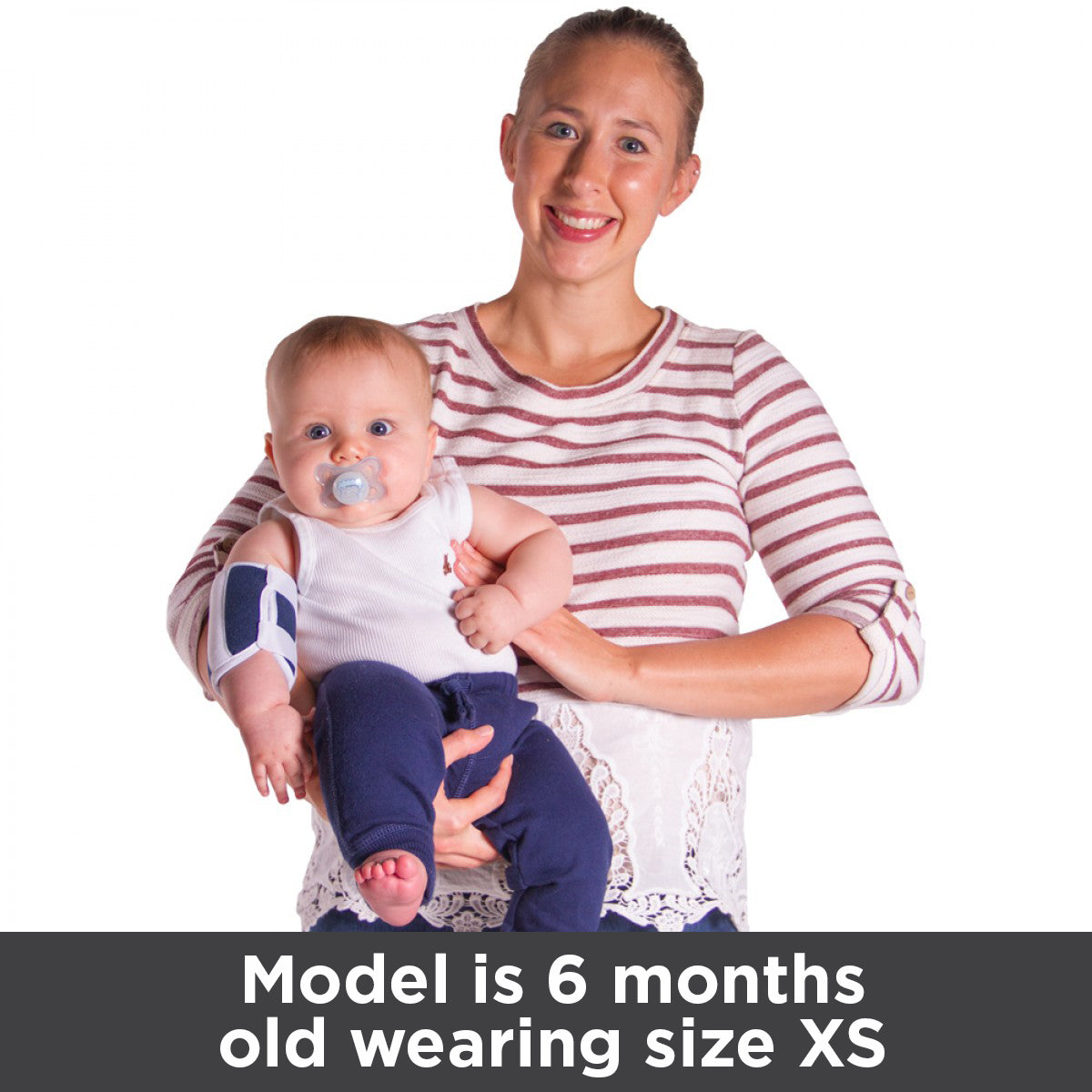 Our model at 6 months old wears the size XS, most babies and infants will be in this same size