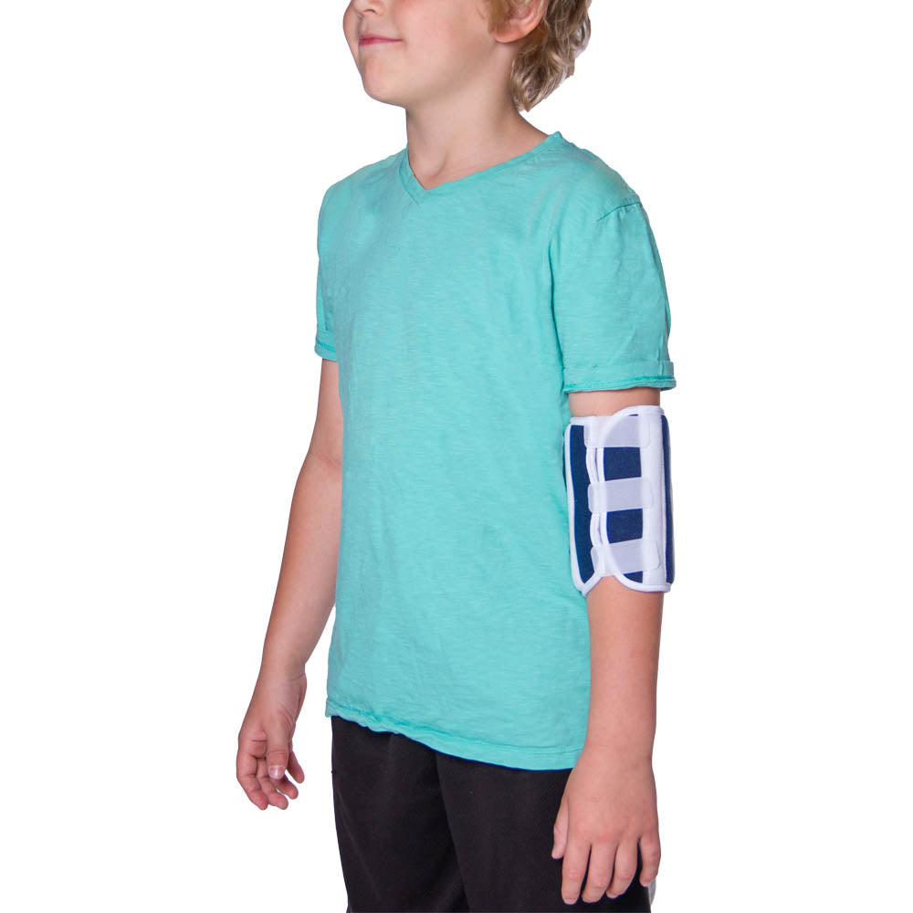 The pediatric elbow immobilizer wraps around the arm and includes splints that prevent your child from bending the elbow.
