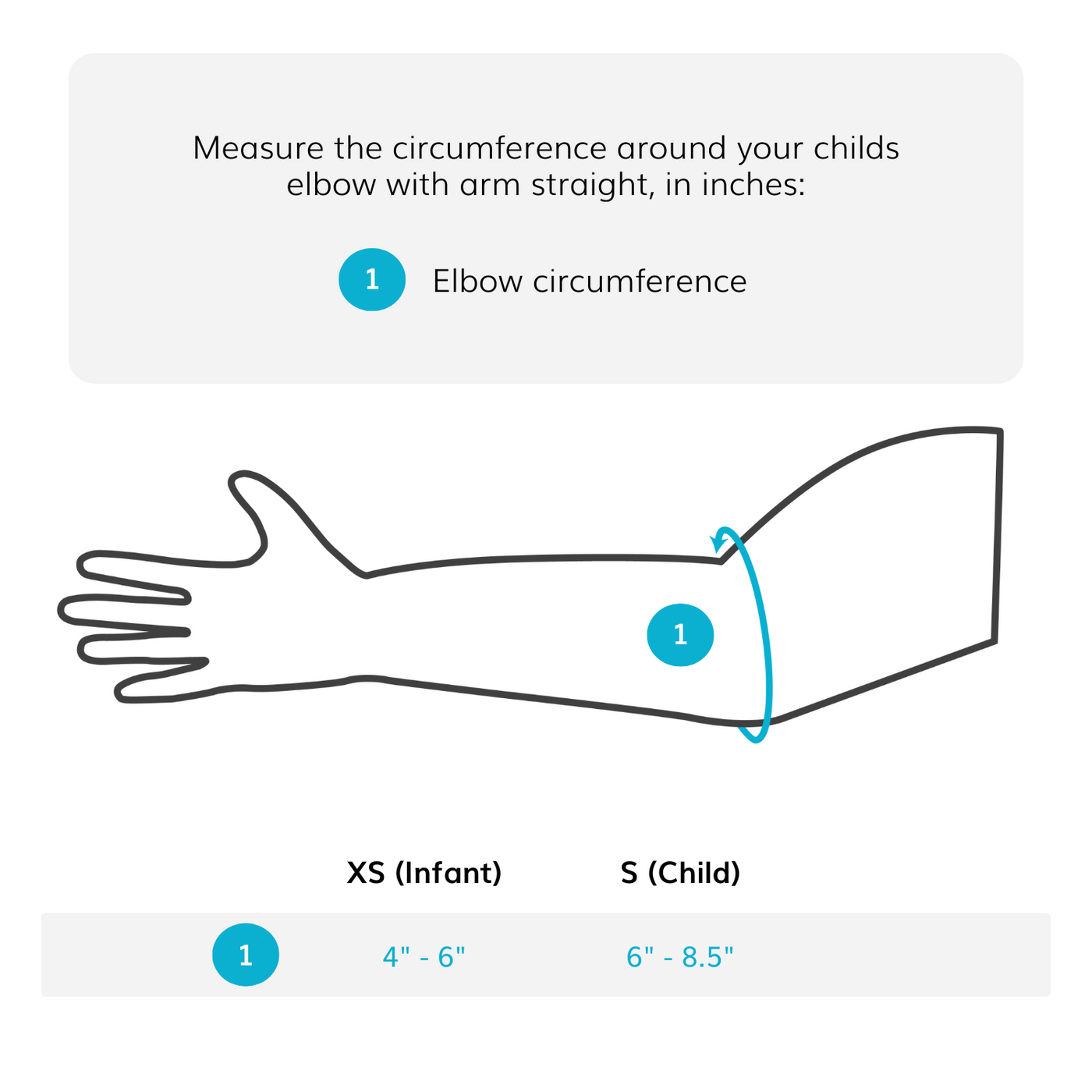 Sizing chart for pediatric elbow stabilizer - measure the circumference around your elbow. XS fits infants (4"-6") S fits toddlers and younger children (6"-8.5")