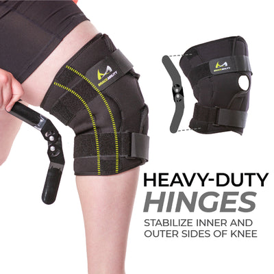The bariatric knee brace has heavy-duty hinges that stabilize inner and outer sides of knee