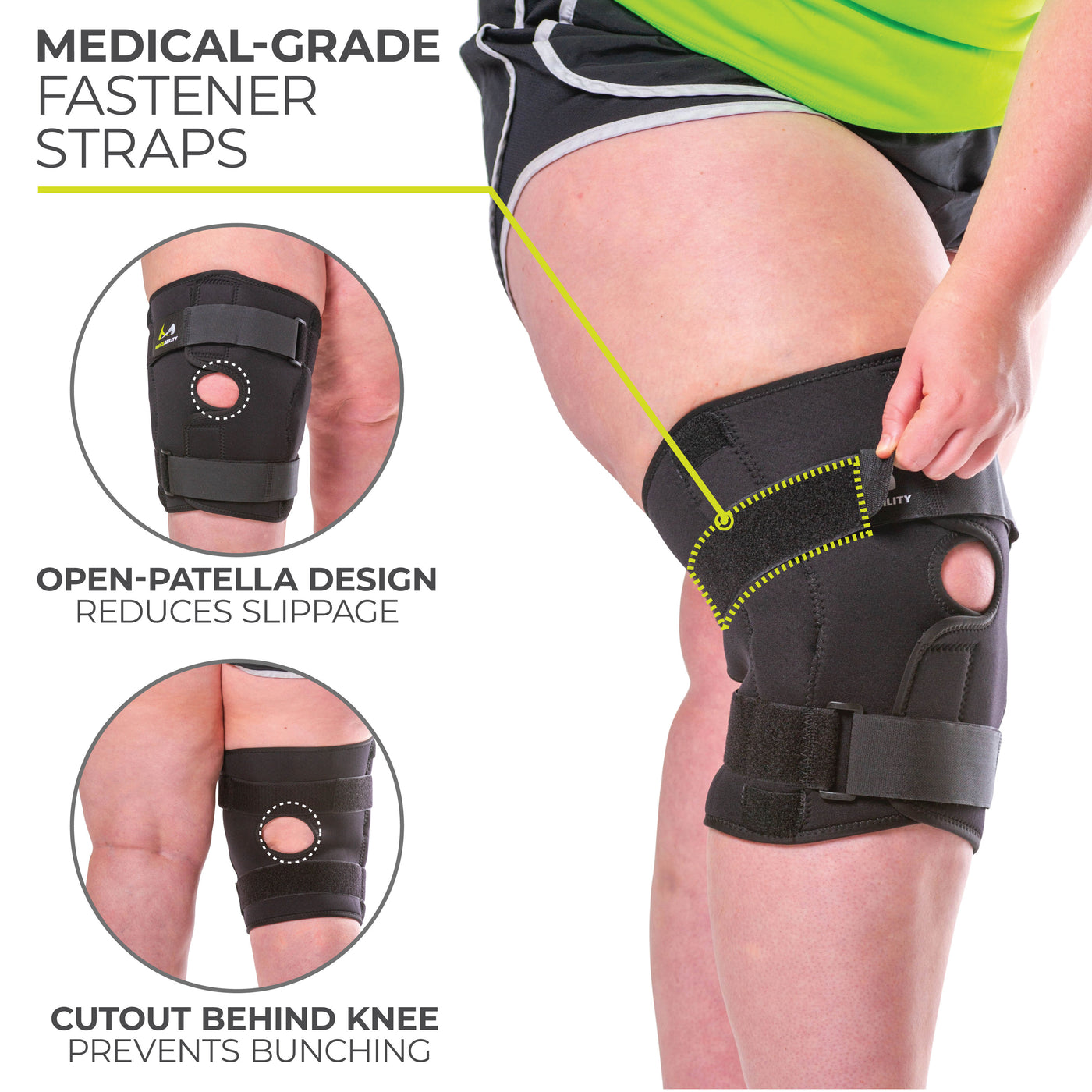 our breathable, black, wraparound meniscus knee brace has medical grade straps