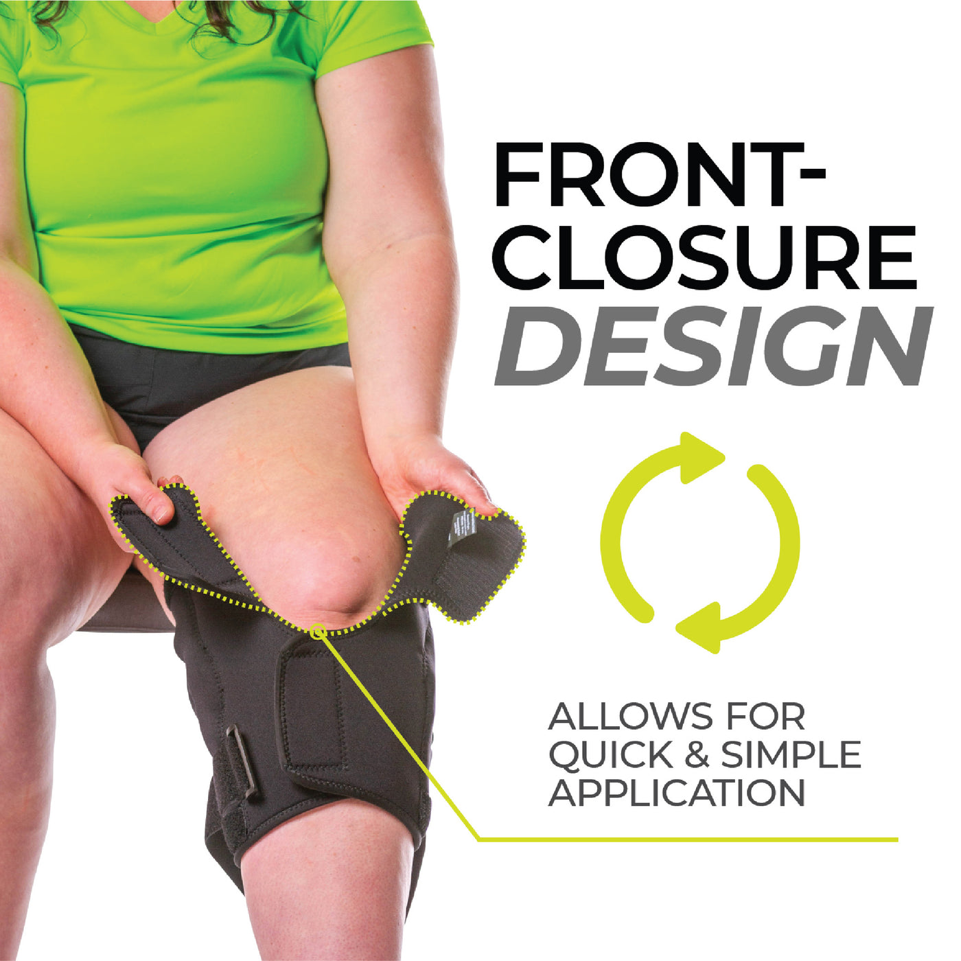 The BraceAbility wrap-around brace for a meniscus tear has a front-closure design that makes it quick and easy to put on