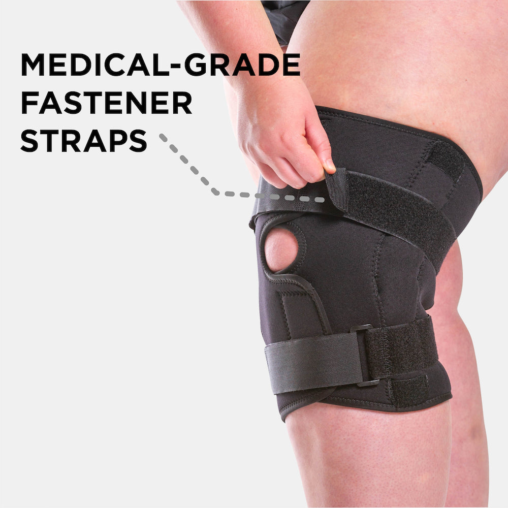 our open patella knee support is made with medical-grade velcro straps for a secure fit