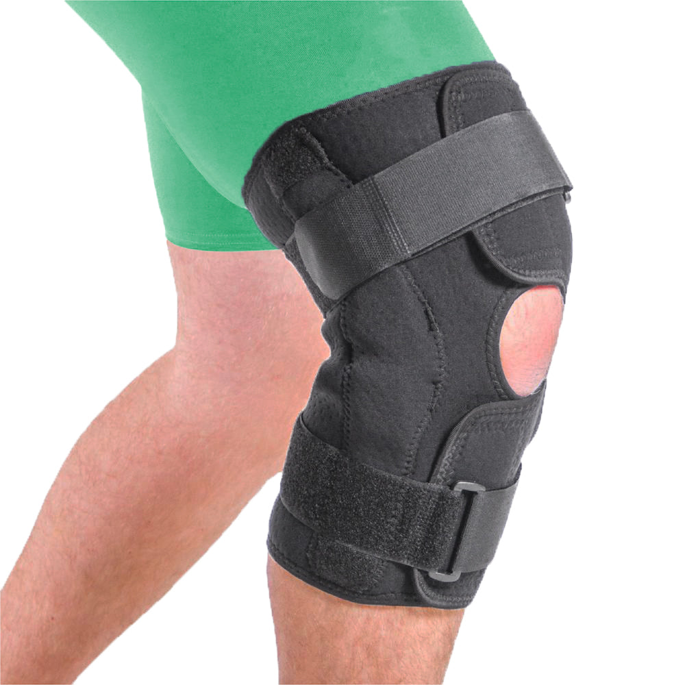 The BraceAbility plus size hinged wrap around knee brace is made of a soft black neoprene material