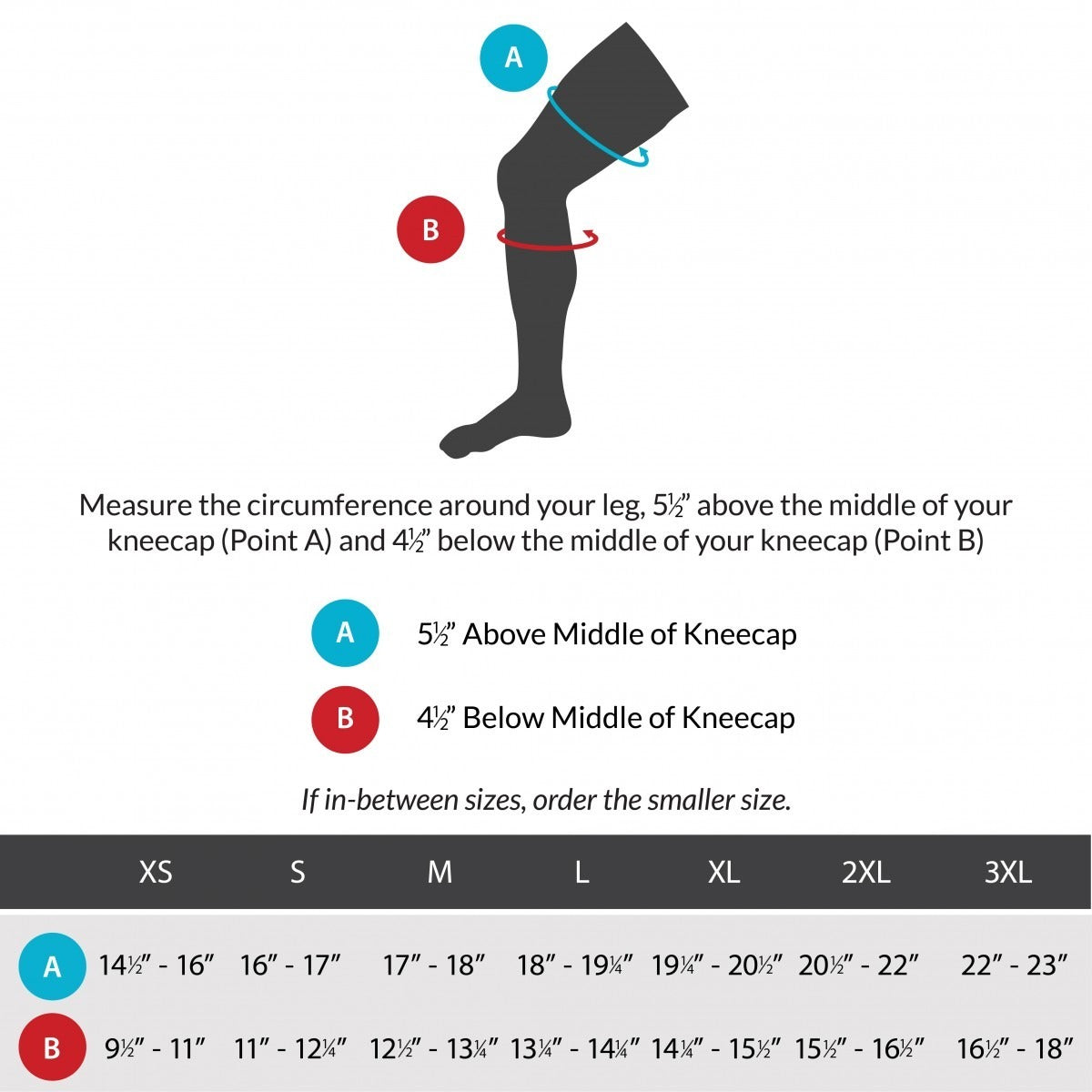 Sizing chart for bursitis knee brace. Available in sizes XS-3XL.