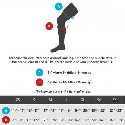 Sizing chart for bursitis knee brace. Available in sizes XS-3XL.
