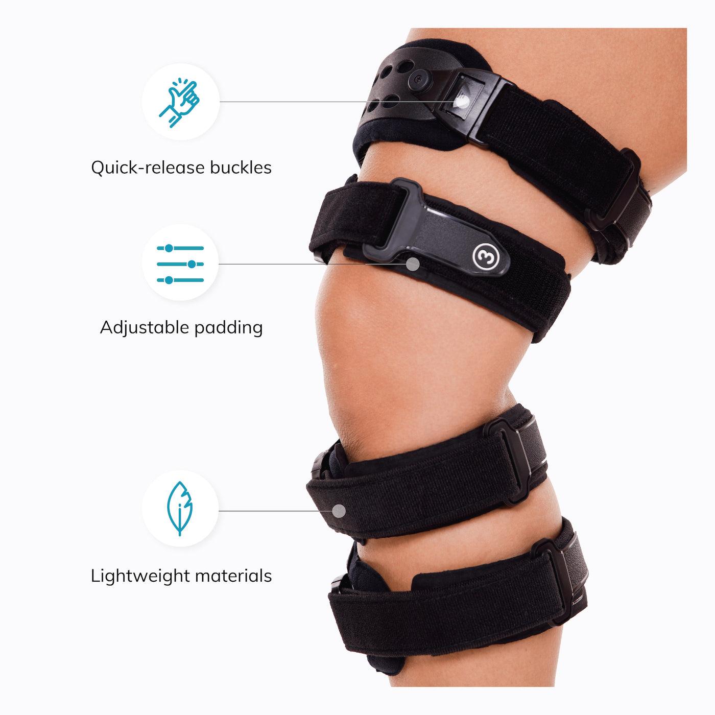The adjustable OA knee support has quick-release buckles for easy application