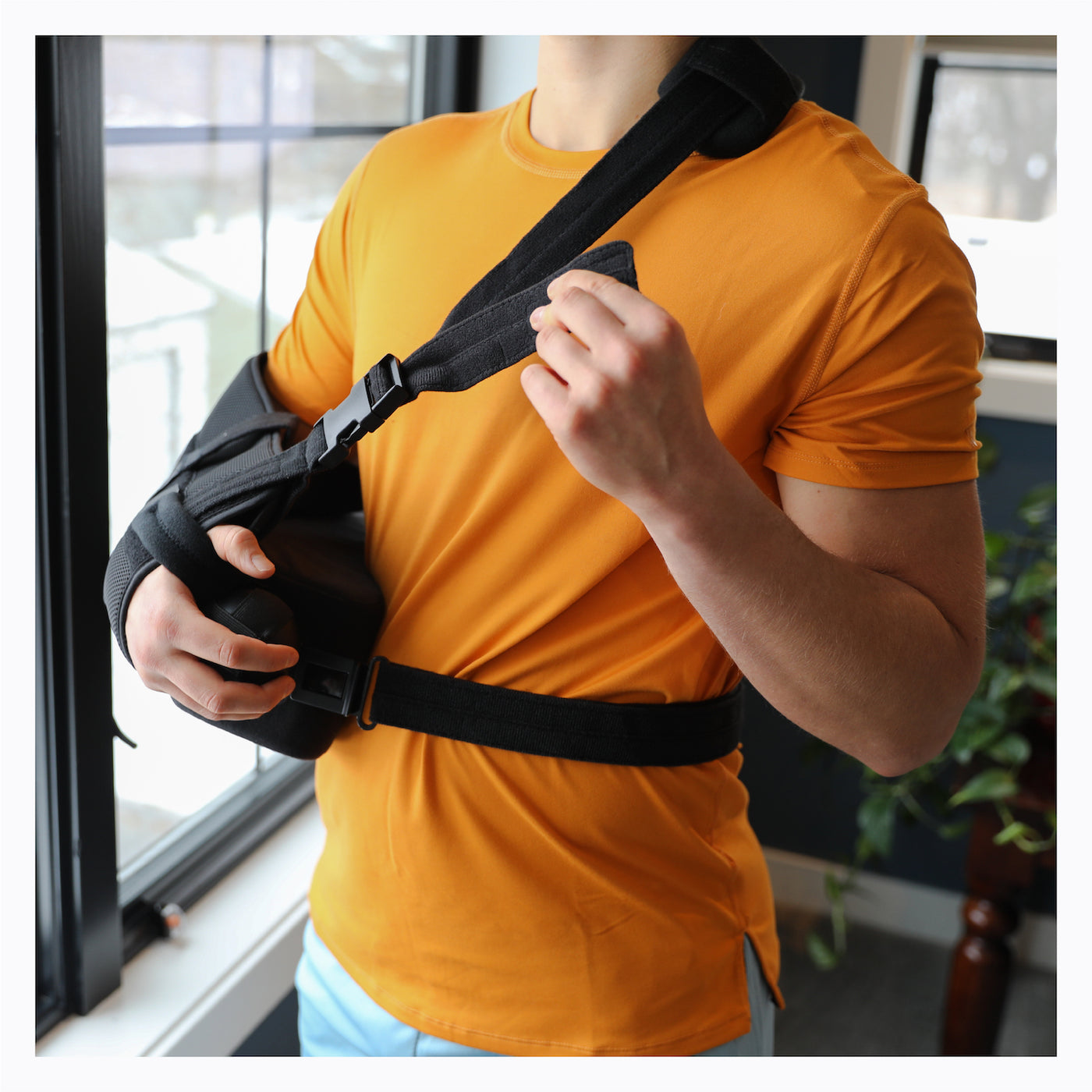 the adjustable rotator cuff sling has fastener straps for a totally custom fit
