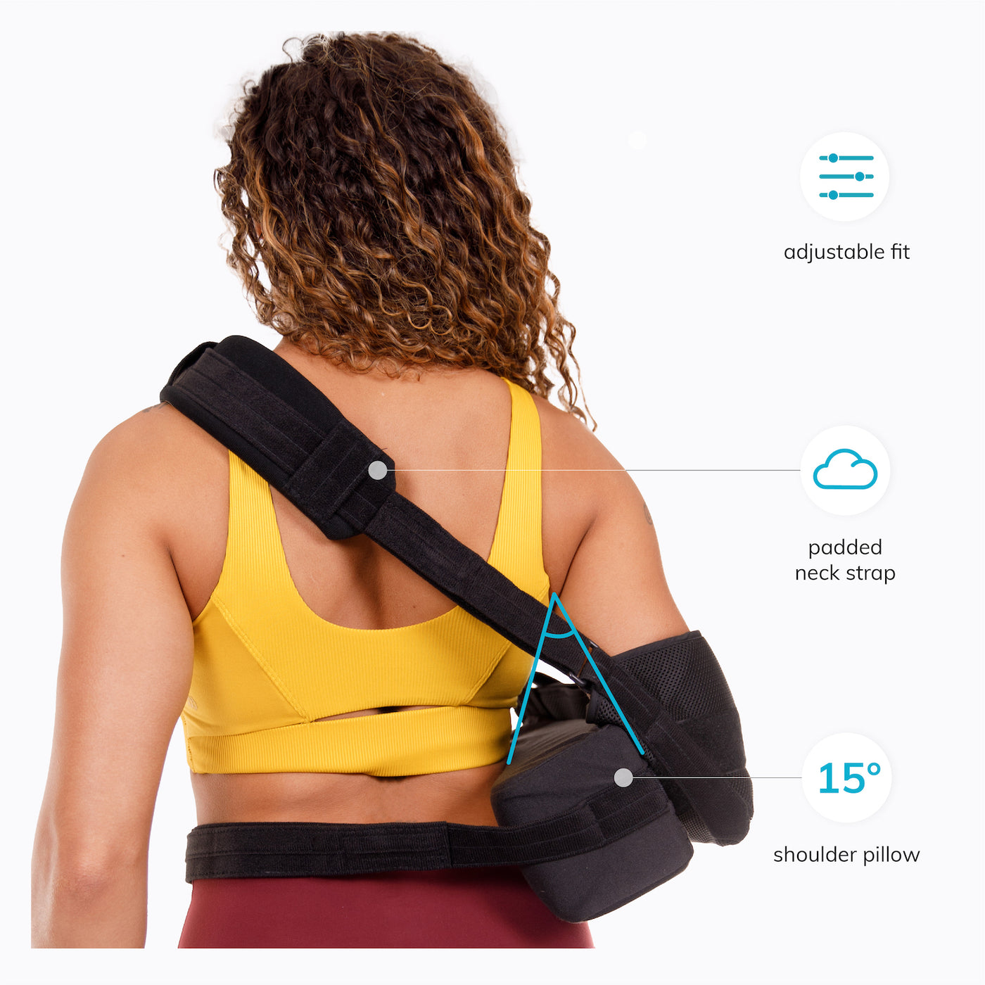 our dislocated shoulder pain relief brace holds your shoulder at 15 degree subluxation for faster recovery