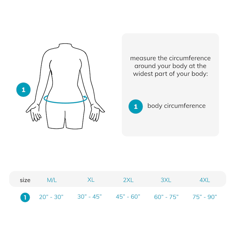 Sizing chart for abdominal binder after weight loss surgery. Available in sizes M/L-4XL.