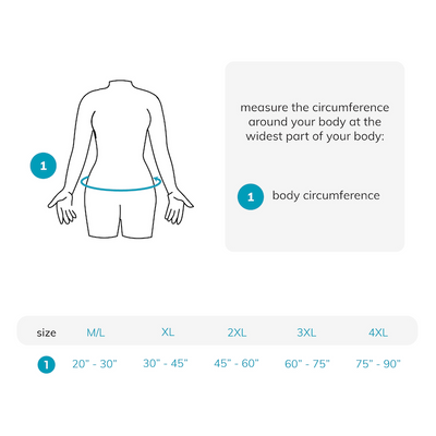 Sizing chart for abdominal binder after weight loss surgery. Available in sizes M/L-4XL.